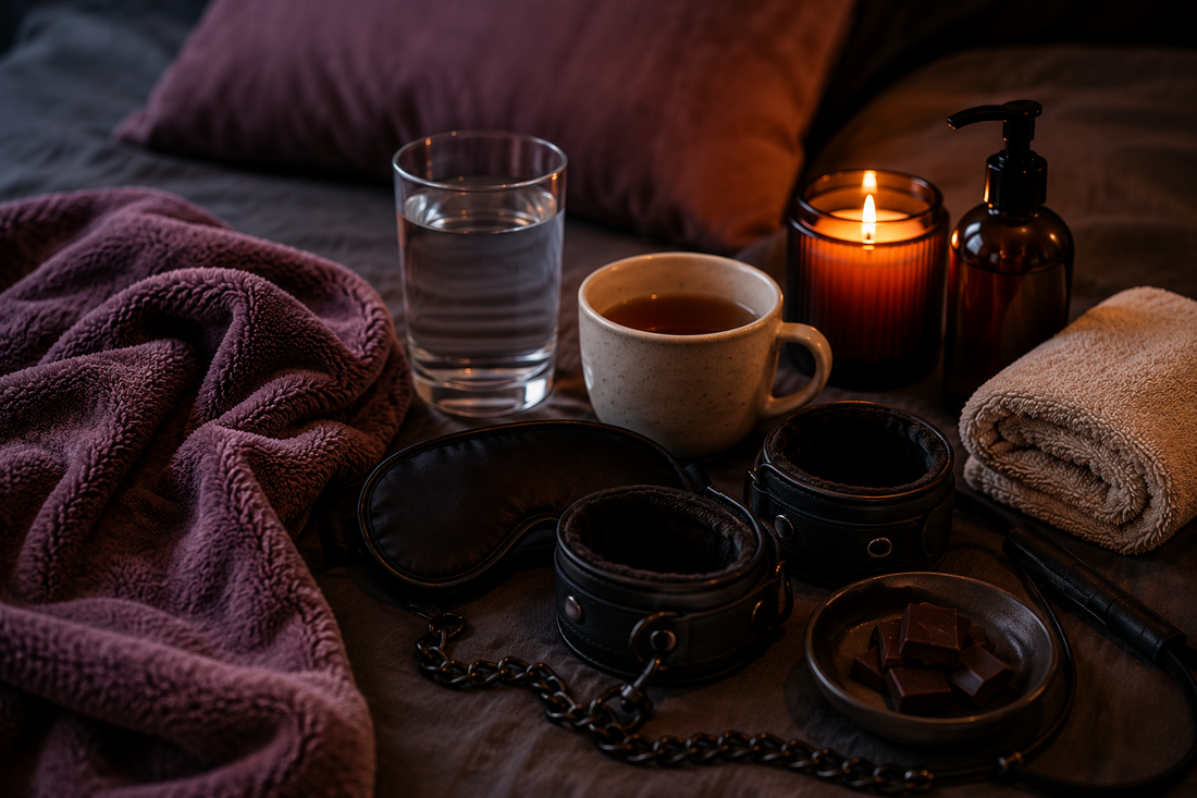 Set-up calm de aftercare cu apă, pătură, prosop și accesorii discrete pentru recuperare după o sesiune intensă