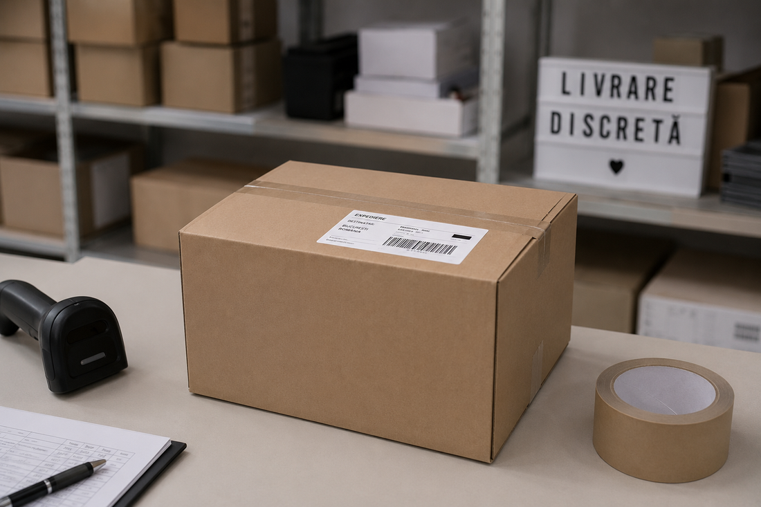 Cutie de carton neutră, fără branding, pregătită pentru expediere într-un depozit logistic – livrare discretă Kynky.ro pentru produse destinate adulților, ambalaj confidențial și transport rapid în România.