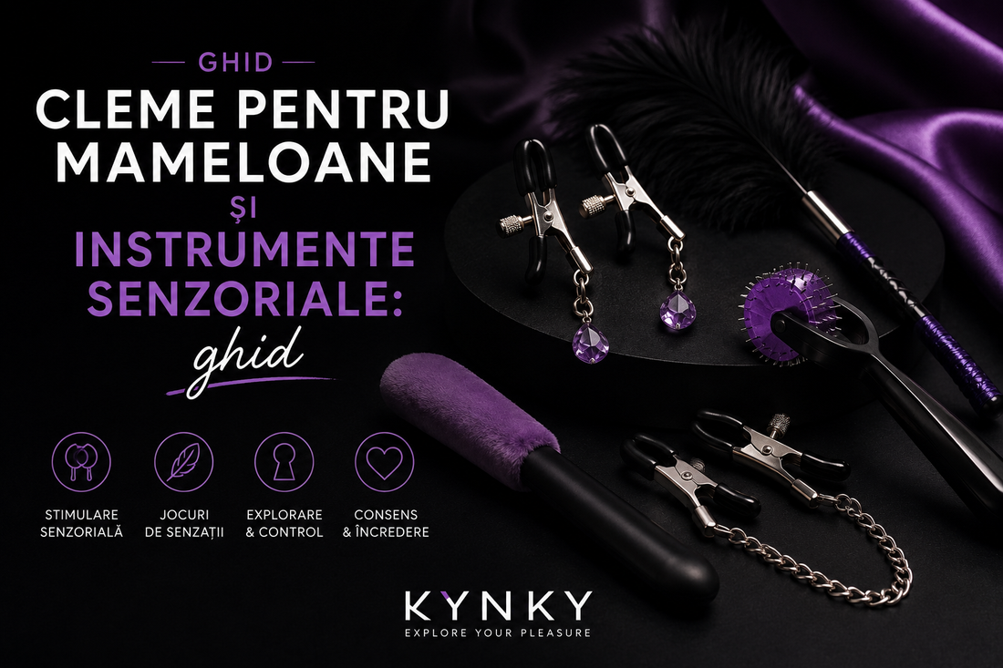 Cleme pentru mameloane și instrumente senzoriale BDSM prezentate în ghidul Kynky.ro – accesorii pentru stimulare senzorială, explorarea senzațiilor și jocuri de cuplu consensuale, realizate din materiale body-safe.