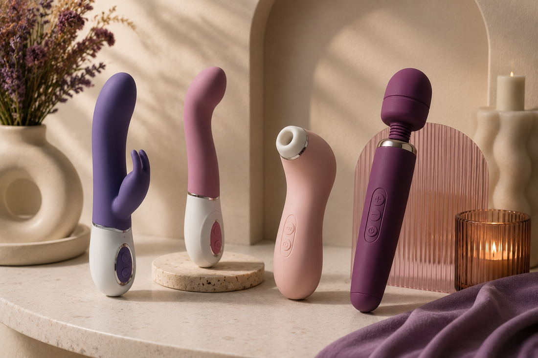 Vibratoare rabbit, pentru punctul G, cu aspirație și wand, prezentate într-o compoziție editorială elegantă pentru un ghid despre tipurile de vibratoare și cum alegi modelul potrivit.