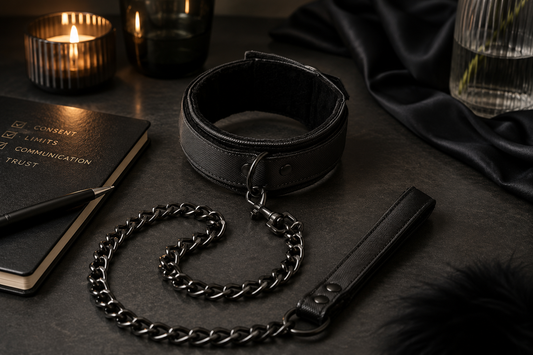 Accesoriu BDSM elegant folosit ca element vizual pentru un articol despre consimțământ, limite și negociere în BDSM