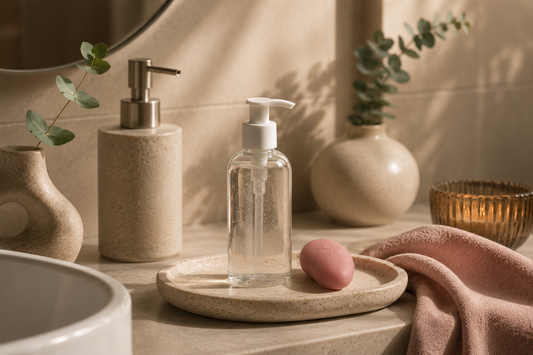Lubrifiant intim într-un decor abstract de baie, cu atmosferă spa și estetică premium, pentru un ghid complet despre alegerea lubrifianților intimi potriviți.