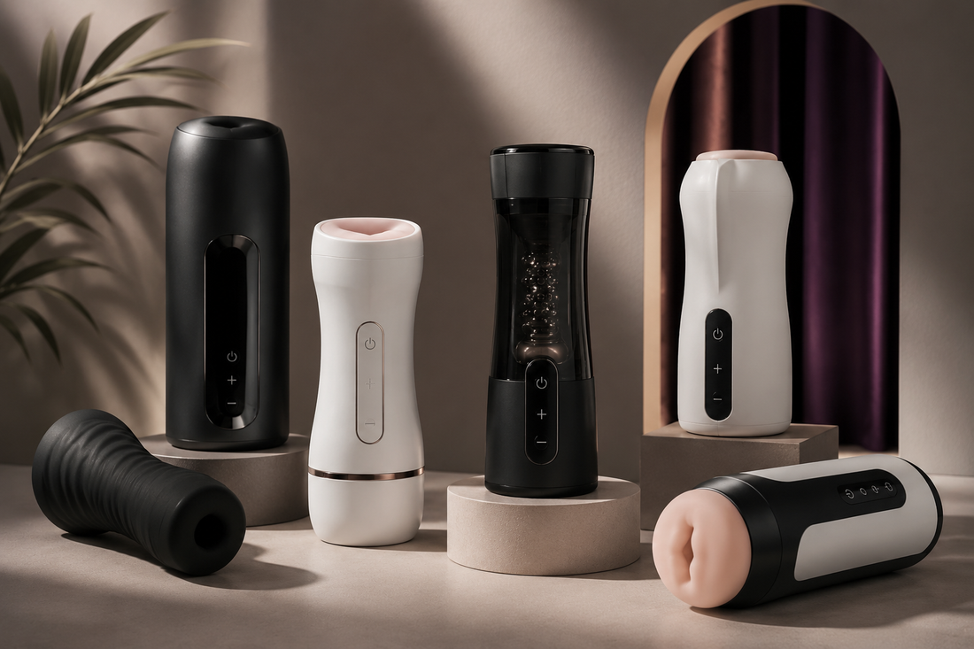 Masturbatoare automate reîncărcabile USB, în modele și forme diferite, într-o compoziție editorială premium pentru un ghid despre alegerea modelului potrivit.