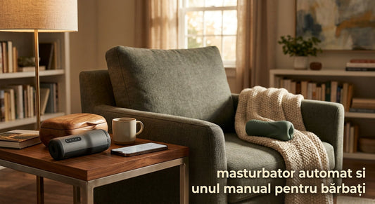 Comparativă masturbator automat și manual într-un living, cu textul: 'masturbator automat si unul manual pentru bărbați'.