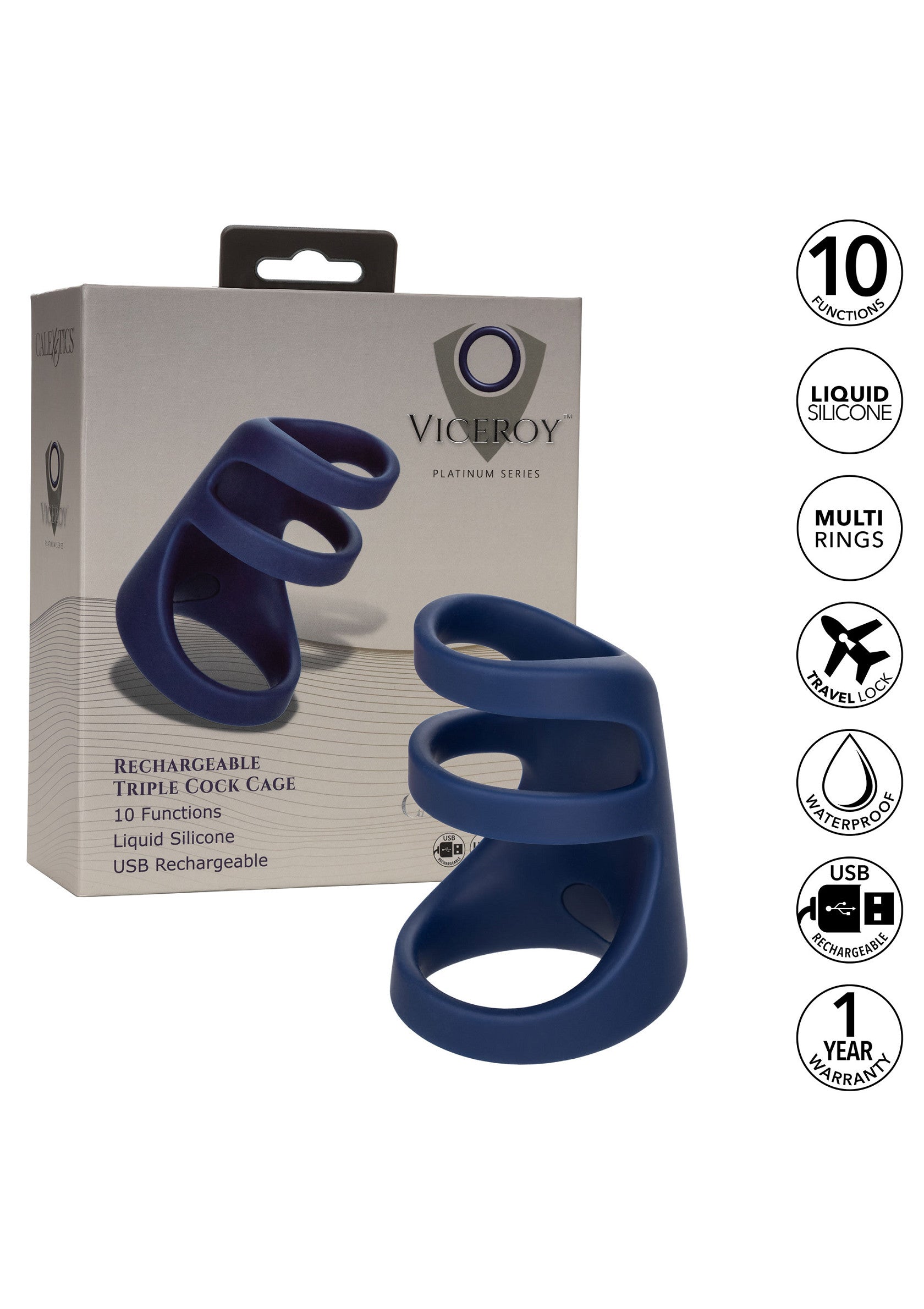 Rechargeable Triple Cock Cage - 10 Function Vibrating Cage - Blue