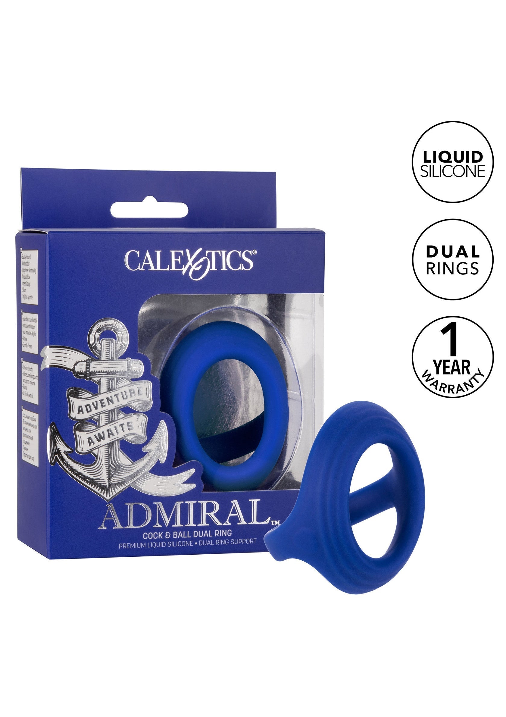 Admiral Cock & Ball Dual Ring - Liquid Silicone, Stretchy - Blue