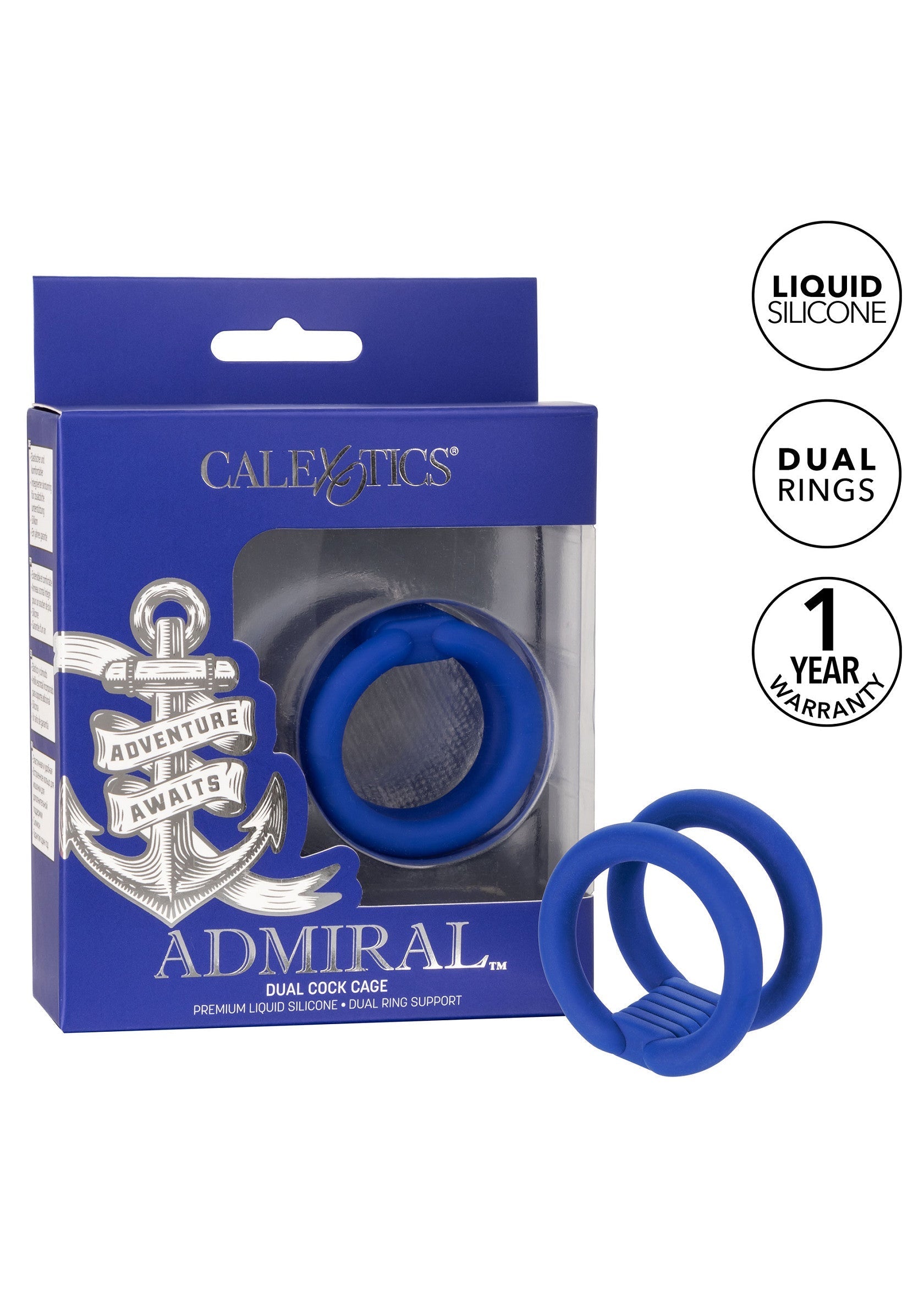 Admiral Dual Cock Cage - Liquid Silicone Enhancer, Dual Ring - Blue