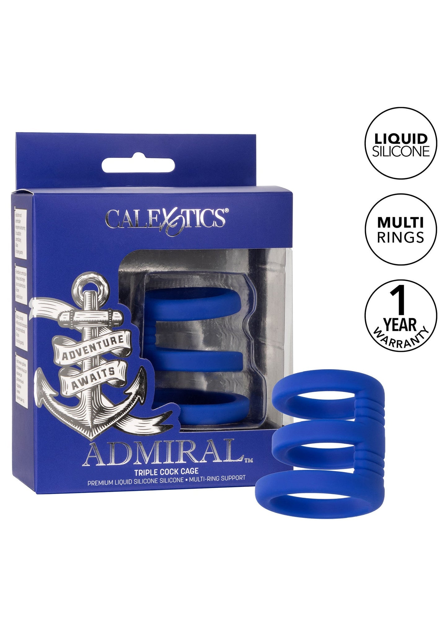 Admiral Triple Cock Cage - Liquid Silicone, 3 Rings - Blue