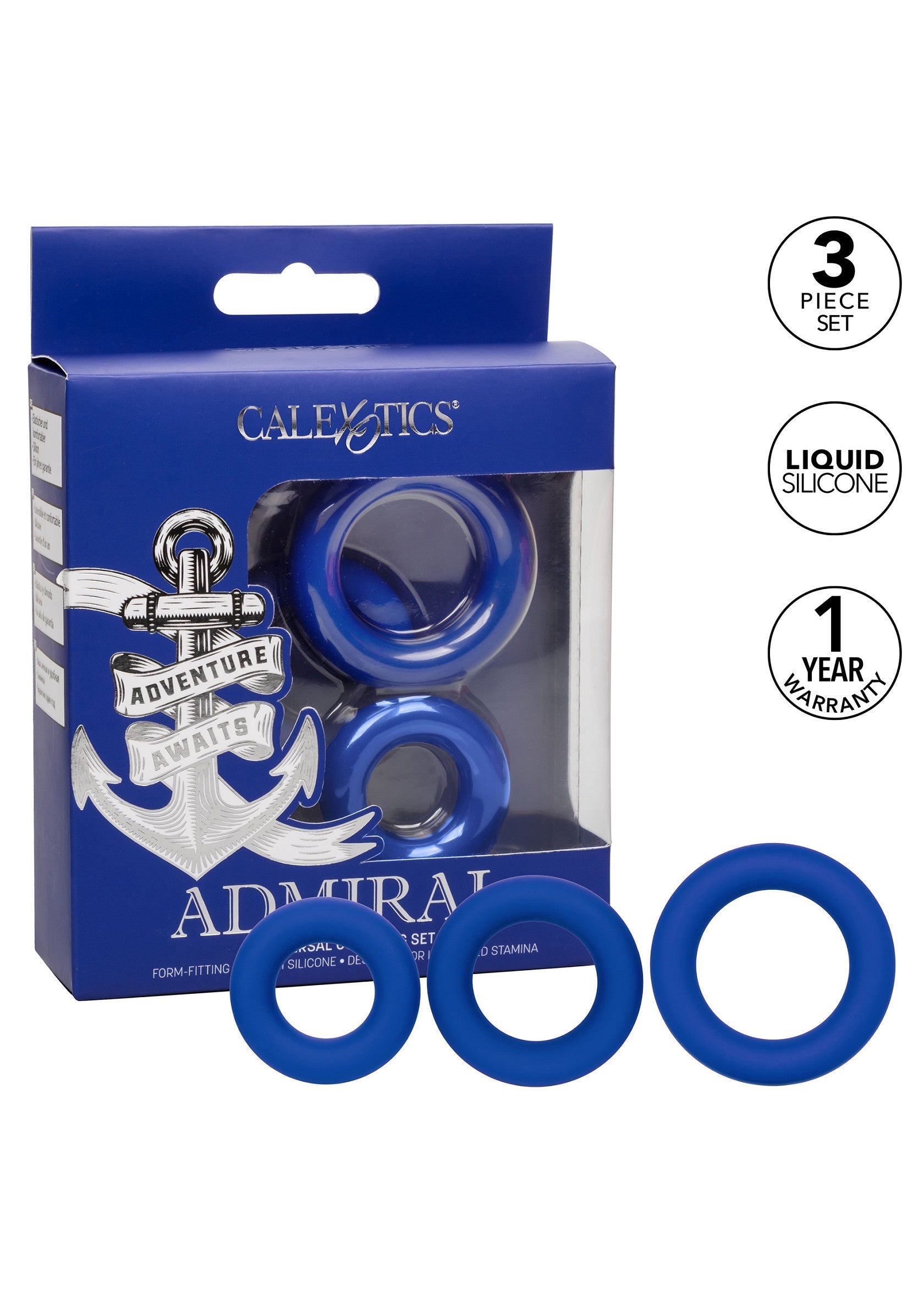Admiral Cock Ring Set - 3 Piece Liquid Silicone Set - Blue
