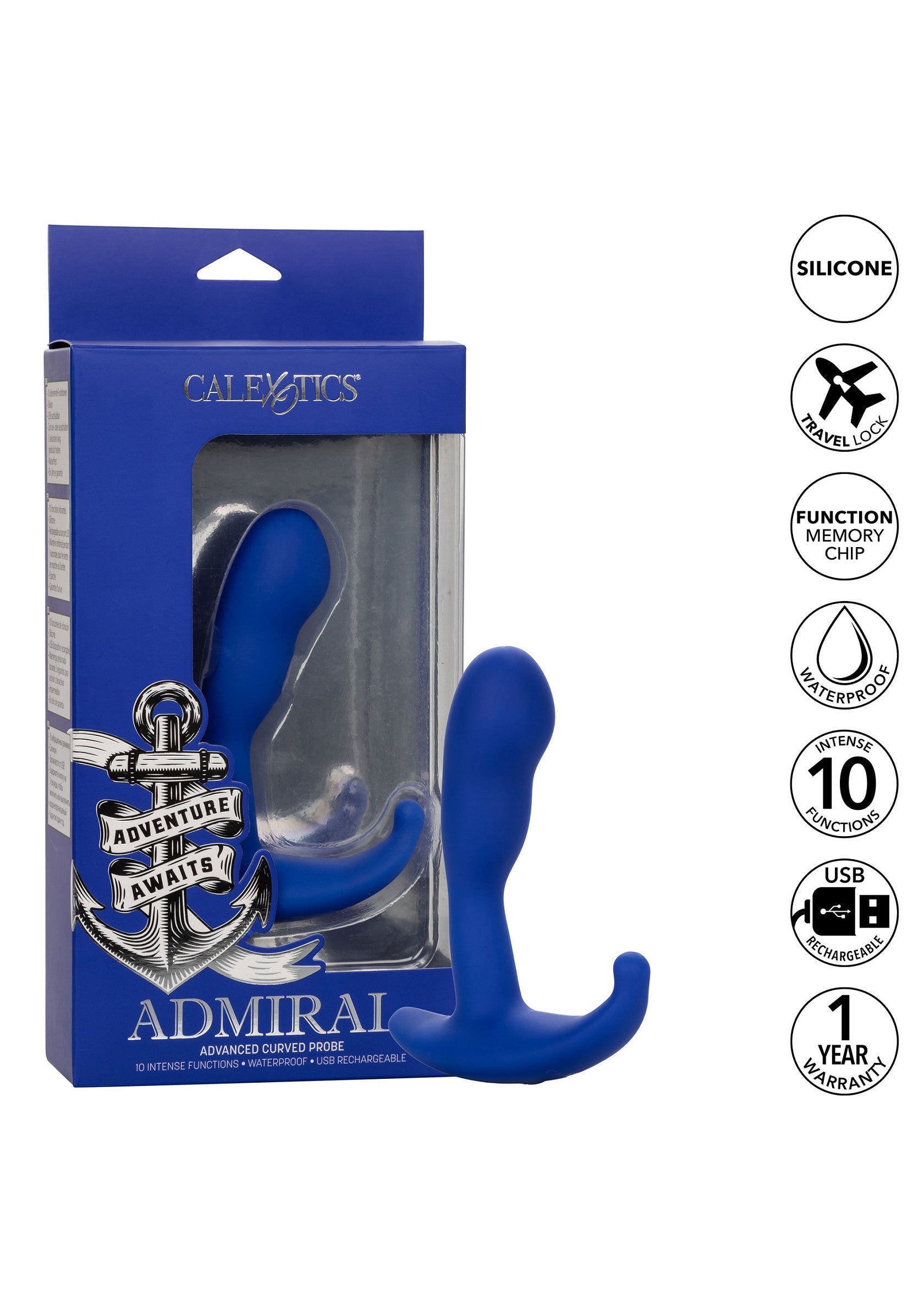 Admiral Advanced Curved Probe - Silicone Prostate Massager - Blue