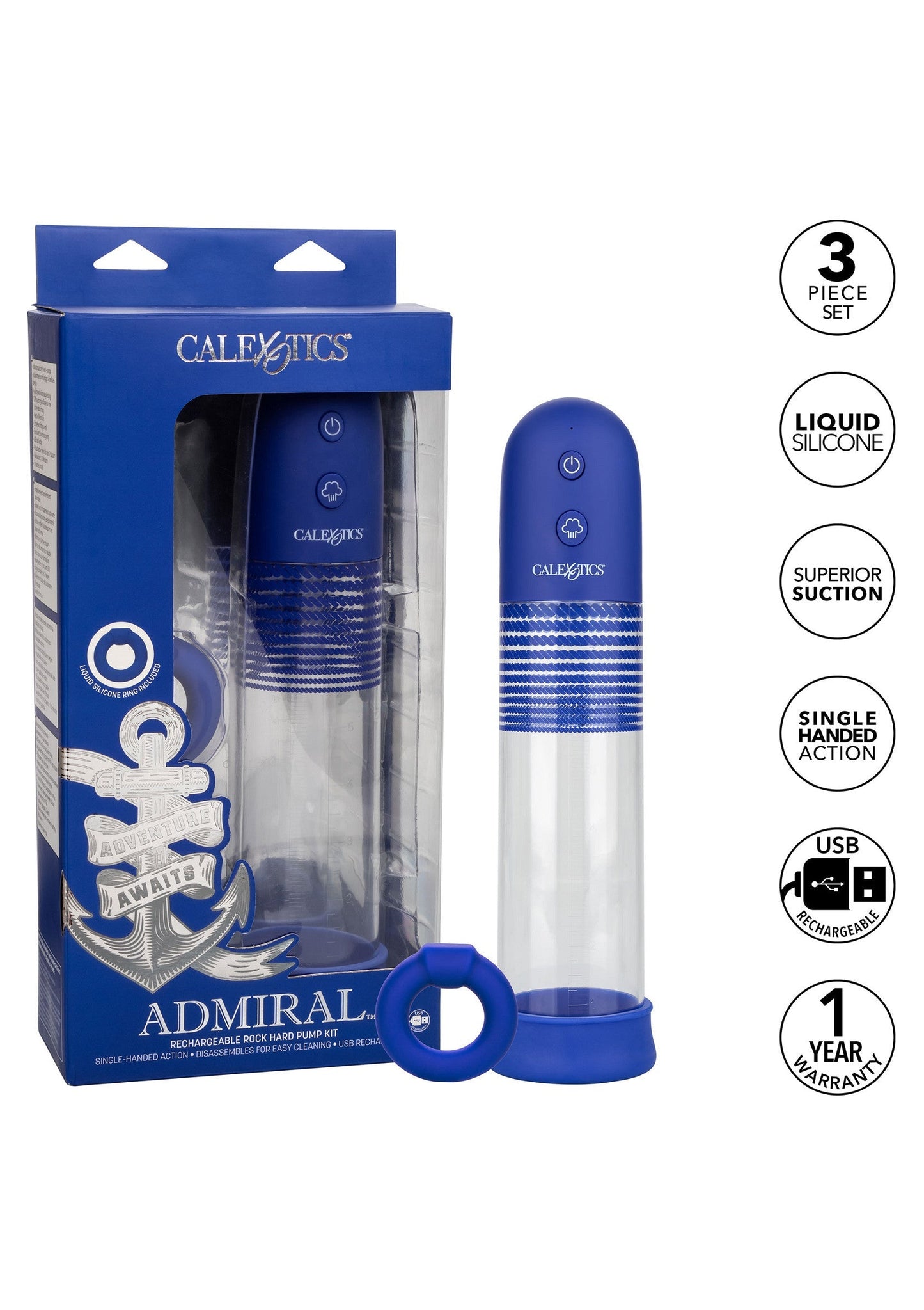 Admiral Rechargeable Pump Kit - USB Rechargeable Penis Pump - Blue