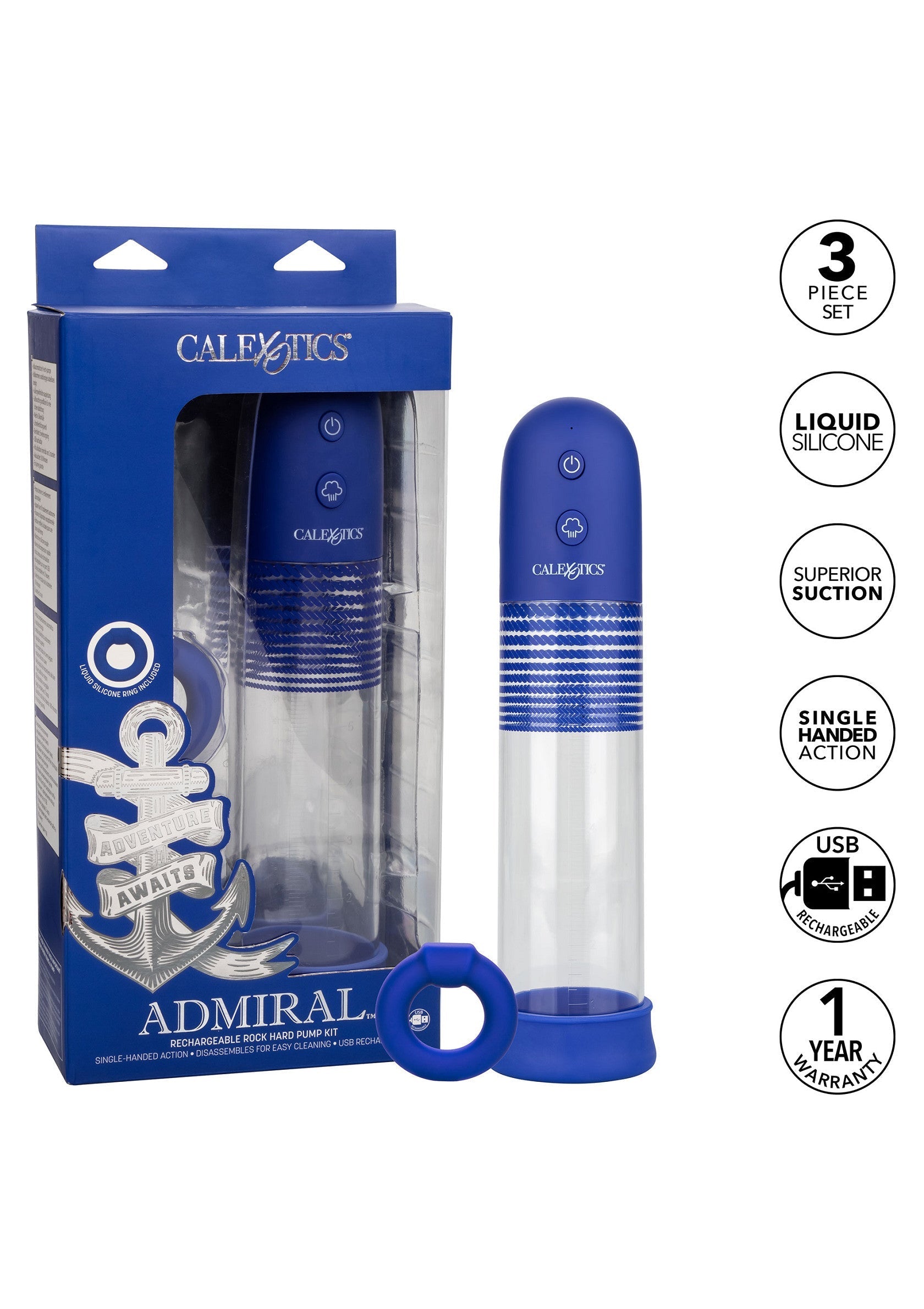 Admiral Rechargeable Pump Kit - USB Rechargeable Penis Pump - Blue