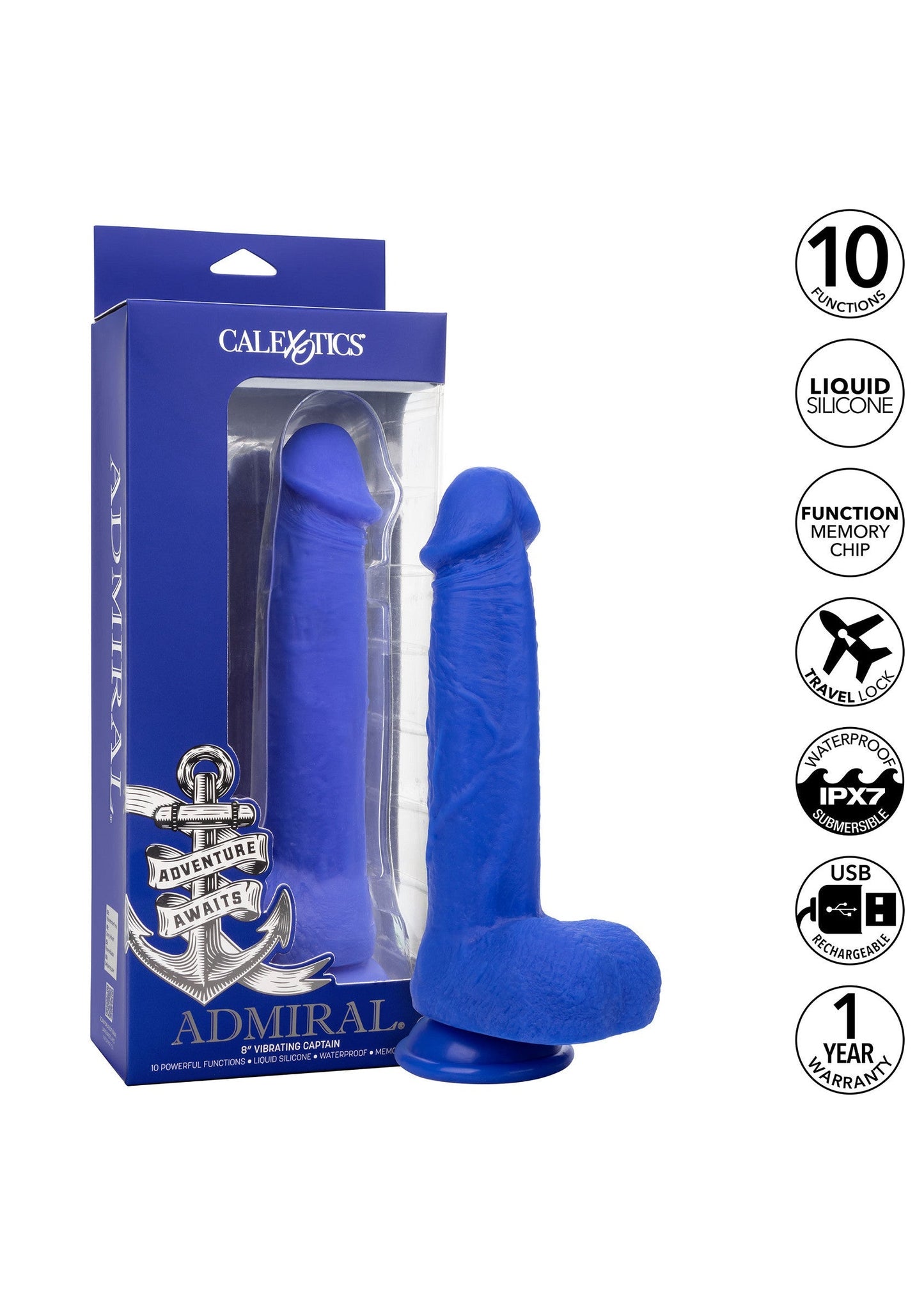 Admiral 8" Vibrating Captain - Realistic Vibrating Dildo - Blue
