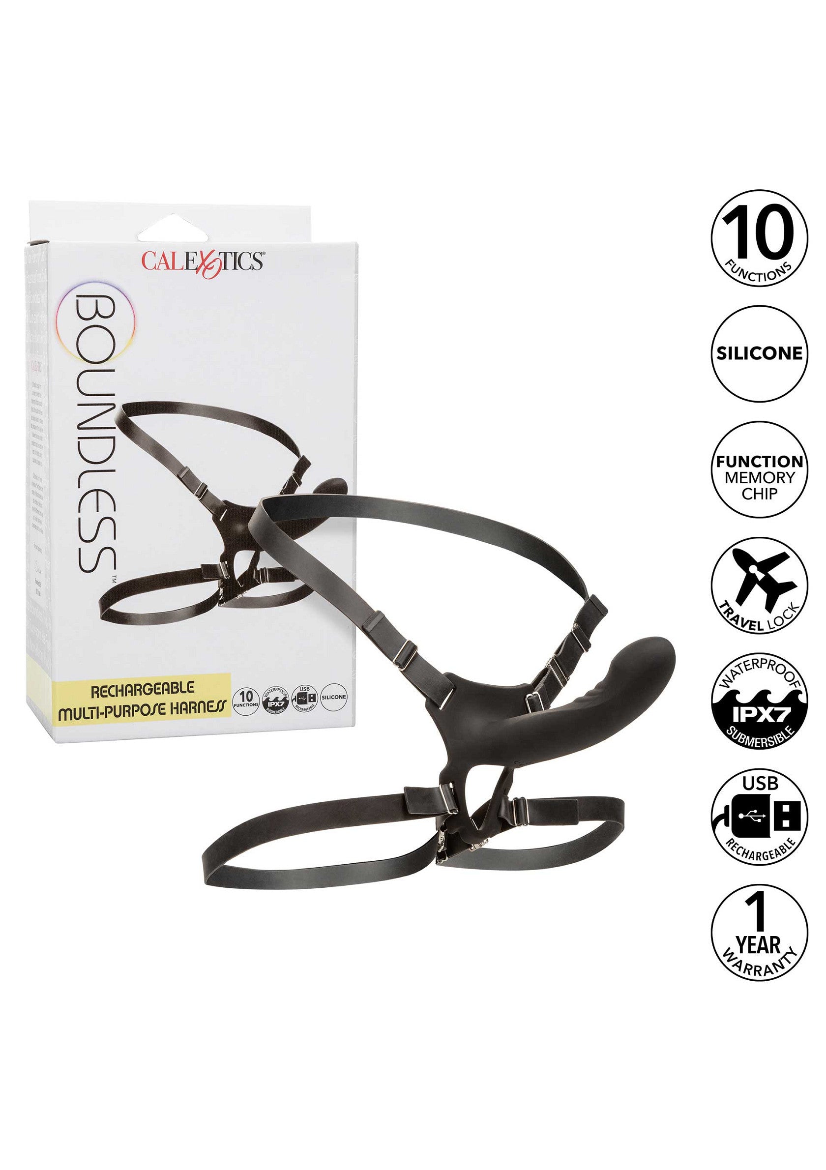 Boundless Rechargeable Harness - 10 Function Vibrating Strap-On - Black