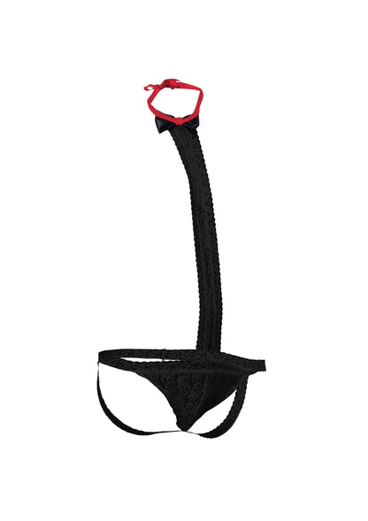 Tanga din dantelă Tuxedo – lenjerie intimă bărbătească din nailon și spandex pentru jocuri de rol