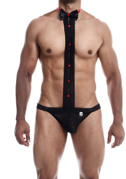 Tanga din dantelă Tuxedo – lenjerie intimă bărbătească din nailon și spandex pentru jocuri de rol